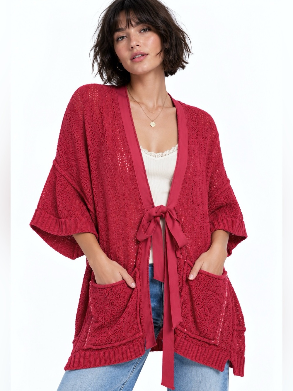 Free People Beach House Brunch Raspberry Open Knit Cardigan M